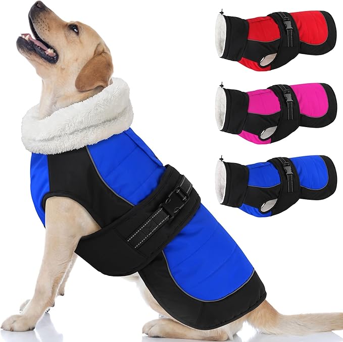 Dogcheer Waterproof Dog Coat, Christmas Dog Winter Jacket, Adjustable Puppy Fleece Coat for Cold Weather, Reflective Turtleneck Snow Jacket for Small Medium Large Dogs - Blue, S