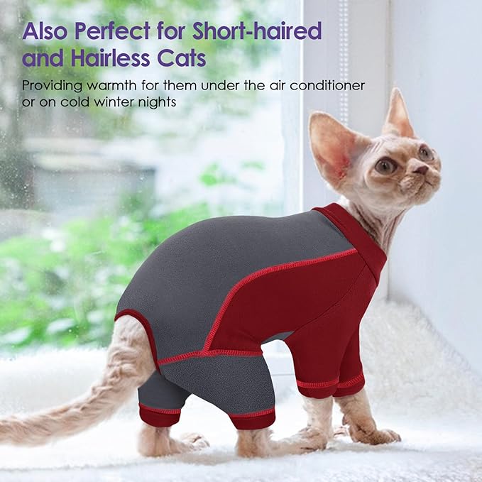 SUNFURA Hair Sticky Cat Clothes, Cat Sweater for Cats Only, 4-Legged Fleece Sweaters Kitten Pajamas Reduce Shedding Fur, Warm Pullover Shirts for Cats, Red L