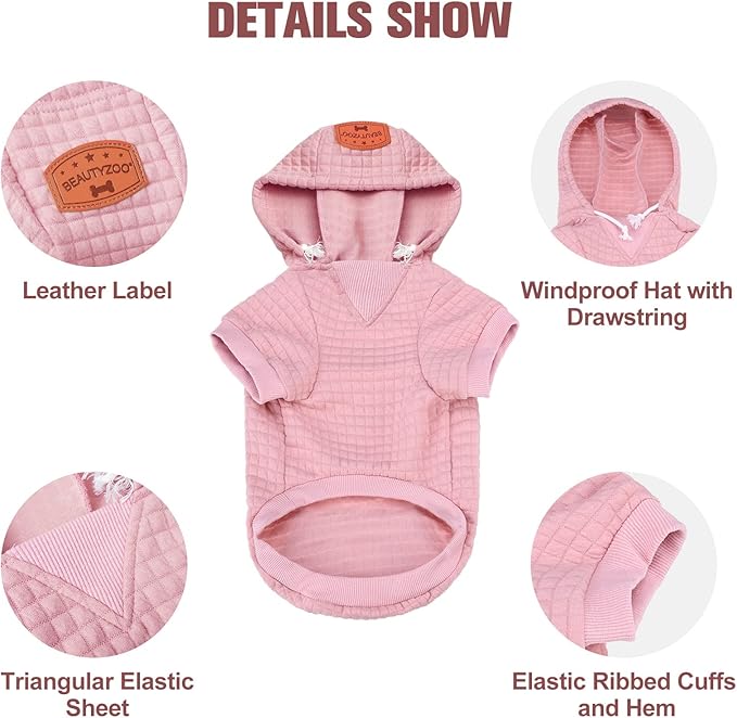 BEAUTYZOO Small Dog Hoodie Sweater with Pockets, Dog Clothes for Small Medium Dogs Boy Girl, Waffle-like Laminated Cotton Pet Coats with Hat and Leash Hole, All Weather Coat for Puppy Doggie Chihuahua