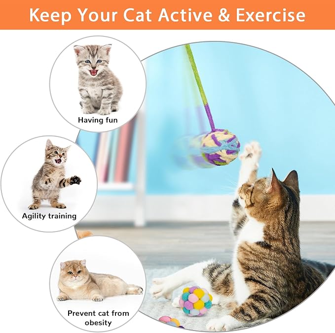 Retro Shaw 6Pcs Cat Toys Balls, Wool Yarn Cat Ball with Bell Inside, Interactive Kitten Toys for Indoor Cats Kitty Chew Kick, Colorful Soft Fuzzy Pet Toy Ball with String
