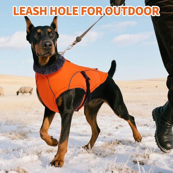 DENTRUN Dog Winter Coat - Windproof Reflective Jacket, Plush Turtleneck & Adjustable Belt, Water Repellent Fleece Lined Cold Weather Vest for Corgi Bulldog, Orange, L