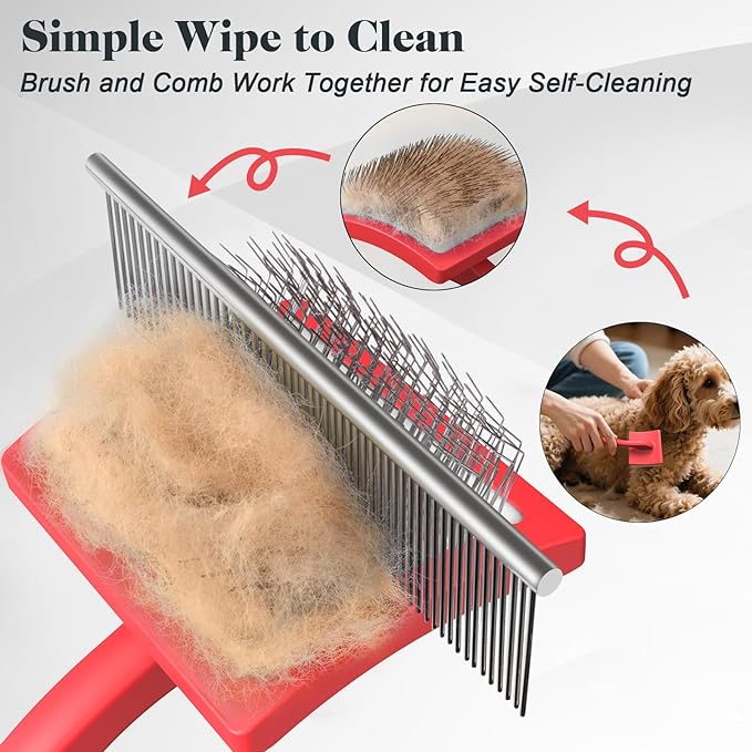 2PCS Slicker Brush for Dogs & Pet Comb,Professional Dog Grooming Brush (Goldendoodles,Poodles,Labradoodles) with Extra Long Pins to Effectively Remove Tangles, Knots and Mats (Red Large)