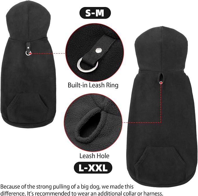 EXPAWLORER Dog Hoodie Fleece Sweater Vest, Hooded Dog Sweatshirt Fall Winter Pet Clothes with Leash Ring, Sleeveless Warm Cozy Puppy Clothing for Cat Small Medium Large Dogs Girl Boy, Black M