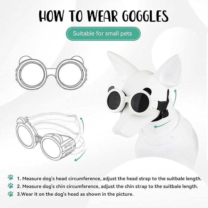 Dog Sunglasses for Small Breed, Small Dog Goggles for Puppy Cats, Goggles Eye Protection Windproof Dustproof Anti-UV with Adjustable Straps Pet Glasses Outdoor, Black-White