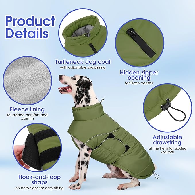ASENKU Extra Warm Dog Coat - Winter Puffer Jacket with Fleece, Reflective, Adjustable, Zippered Leash Hole for Large Dogs (Green, 2XL)