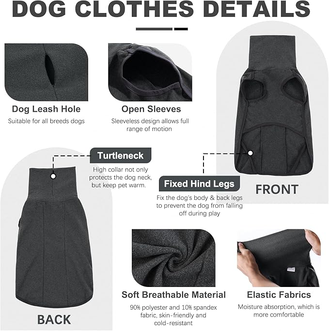 ROZKITCH Fleece Dog Winter Coat Soft Pullover Pajamas, Windproof Warm Cold Weather Jacket Vest with Leash Hole, Jumpsuit Apparel Outfit Clothes for Walking Hiking Travel Sleep Black XL