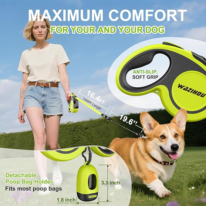 2025 New Model Retractable Dog Leash 18ft' - Detachable Poop Bag and Chew Proof Cable and Included Heavy Duty Reflective Retractable Leash for Small Medium Large Dogs up to 66 lbs