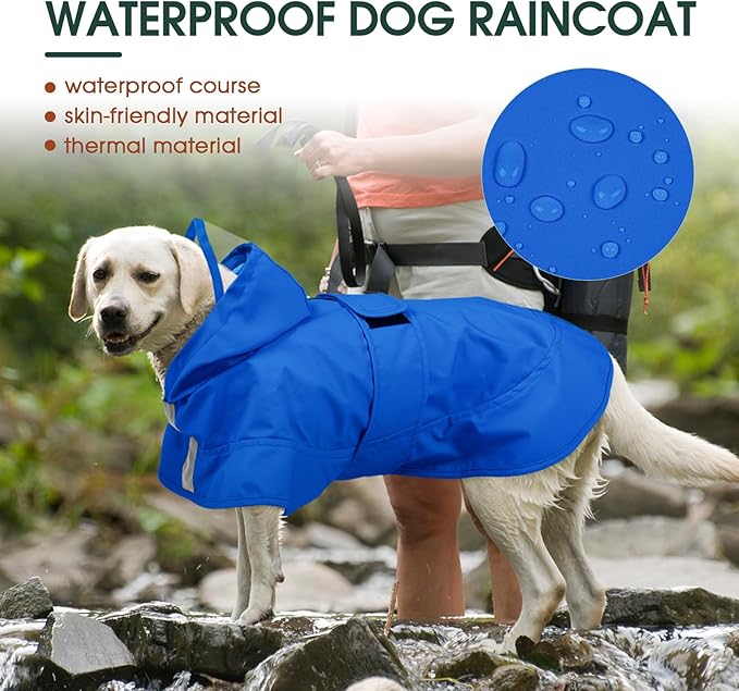 Kuoser Dog Raincoat, Waterproof Dog Rain Jacket with Clear Hooded Double Layer, Lightweight Reflective Dogs Rain Coat with Adjustable Belly Strap, Rain Coats for Small Dogs Outdoor Wear, Blue S