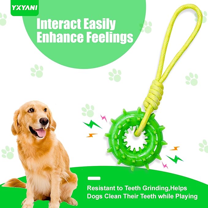 Durable Dog Chew Toy – Tough Rubber and Rope Tug Toy with Squeaker, Interactive Training and Fetch Toy for Aggressive Chewers, Medium and Large Dogs, Heavy Duty Tug-of-War (Round Ball)