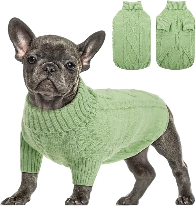 Queenmore Small Dog Pullover Sweater, Cold Weather Cable Knitwear, Classic Turtleneck Thick Warm Clothes for Chihuahua, Bulldog, Dachshund, Pug, Yorkie (Green, Large)