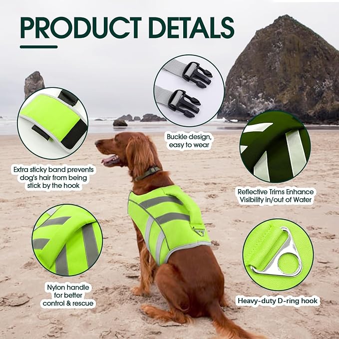 Kuoser Large Breed Dog Life Jacket, XXL Reflective Swim Vest for Boating, Green