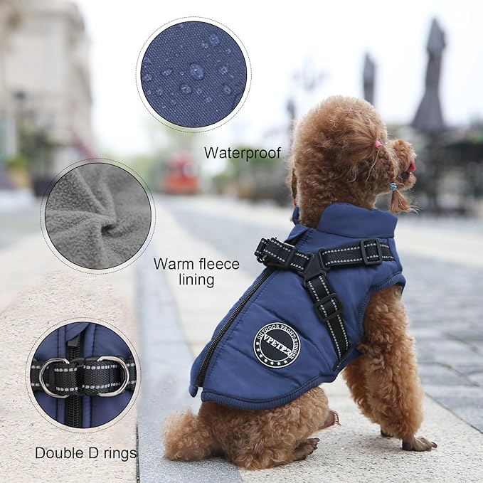 Dog Winter Coat,Warm Jacket Paded Fleece Pet Vest with Built in Harness, Windproof Reflective Cozy Adjustable Snow Pet Coat Clothes with Zipper for Small Medium Dogs