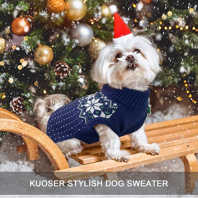Kuoser Dog Sweater, Holiday Christmas Snowflake Pet Warm Knitwear Dog Sweaters Soft Puppy Clothing, Doggie Turtleneck Cold Weather Outfit Pullover for Small Medium Large Dogs Cats, Blue L