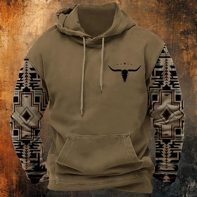 HOTYD Mens Western Aztec Sweatshirts Long Sleeve Fall Fashion Drawstring Pullover Vintage Graphic Cowboy Hoodie for Men