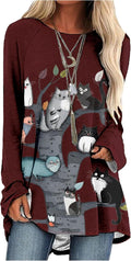 Womens Tunic Shirt Cute Cat Print Long Sleeve Round Neck Women T Shirts Cotton Casual Plus Size Vacation Tunics Tops