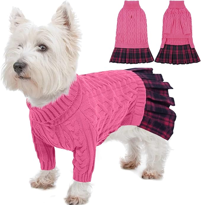 IECOii Girl Dog Sweater Dress - Cable Knit Dog Sweater for Small Dogs Girl - Pink, Medium, Turtleneck Pullover Sweaters with Tartan Plaid Skirt, Adorable Warm Dog Knitted Dress for Christmas
