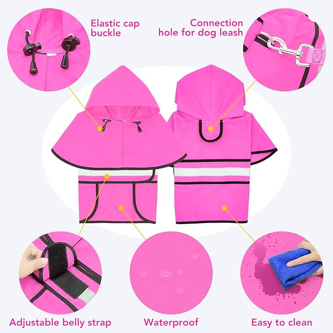 Waterproof Dog Raincoats - Hooded Raincoats for Dogs, Adjustable Reflective Dog Rain Coat, Windproof Dog Rain Jacket Pet Rain Slicker Poncho for Small, Medium, Large Dogs (Large, Pink)