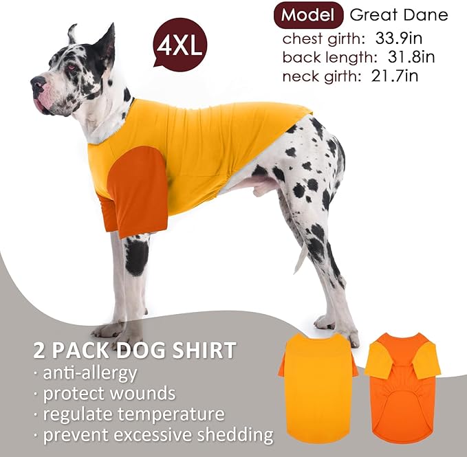 2 Pack Shirts for Large Dogs 4XL - Lightweight Breathable Dog Clothes, Prevent Overheating Summer Cool Tees for Doberman, Alaskan Malamute, Travel, Hiking, Beach, Lounge Wear, Sleep, Orange