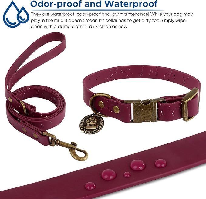 Wisedog Dog Collar and Leash Set, Waterproof Adjustable Puppy Collars with Cute Tag 6FT Dog Leash with Poop Bag for Small Medium Large Dogs (L, Burgundy)