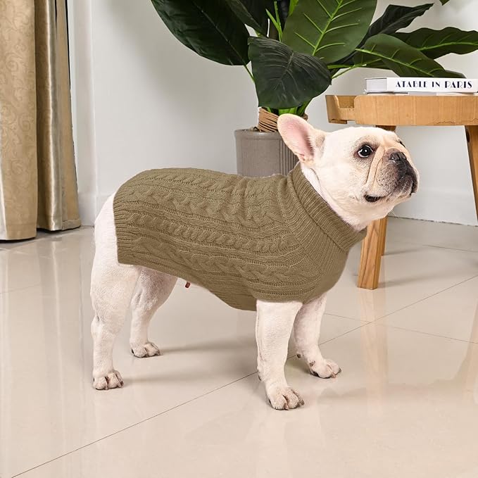 2 Pack Dog Sweaters for Medium Dogs Turtleneck Pullover Cable Knit Stretch Clothes French Bulldog Dachshund Boston Terrier Corgi Beagle Pug Boy Girl Pets Winter Clothes (M, Green & Brown)