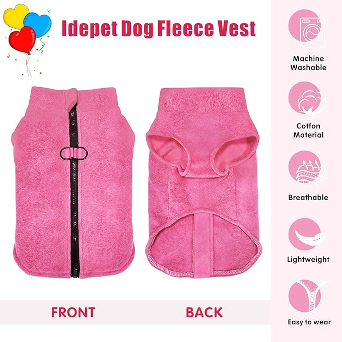 Idepet Dog Fleece Vest Sweater Zip Up Warm Pullover Dogs Jacket with D-Ring Leash Winter Cold Weater Coat Pet Sweatershirt Clothes Hoodie for Small Medium Dogs Boy Girl (Rose Red, S)
