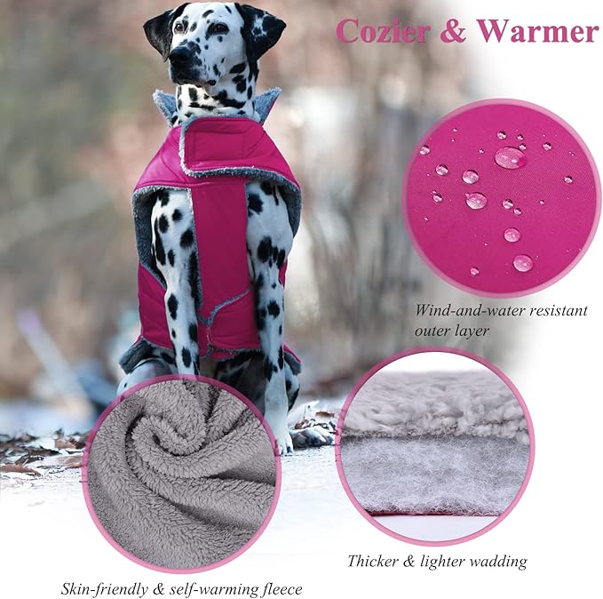 VIVAGLORY Frostfit Dog Coat, Dog Jacket for Winter & Cold Weather, Warm Fluffy Fleece Lined Water Resistant Reflective for Puppy, Coat with Velcro Fastening & Leash Hole, S, Fuchsia