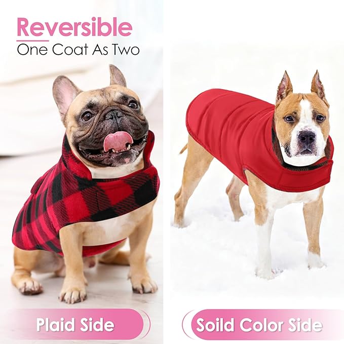 AOFITEE Dog Coat Plaid Dog Winter Coat for Small Dogs, Warm Dogs Jacket Christmas Sweater, Waterproof Pet Puffer Jacket, Reversible Pet Cold Weather Coats for Small Medium Large Pets, Red L