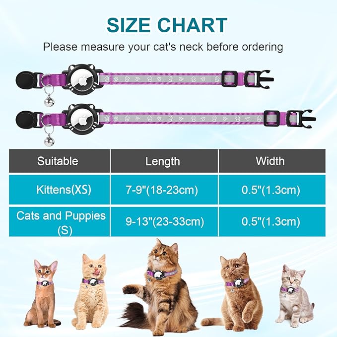 Airtag Cat Collar, Reflective Cat Collar with Apple Air Tag Holder, Breakaway GPS Tracker Pet Collar with Bell for Cat Kitten, Airatg Not Included, Purple, XS(7-9 Inch)