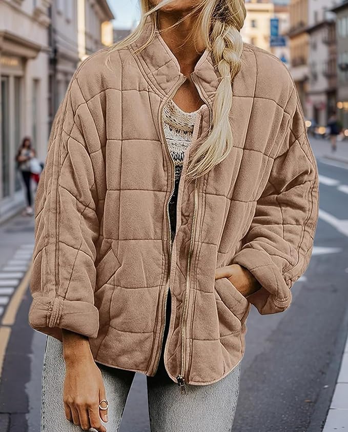 LIZALIG Warm Padded Coat for Women Full Zip Quilted Jackets Winter Oversized Causal Solid Color Stand Collar Pockets Coat
