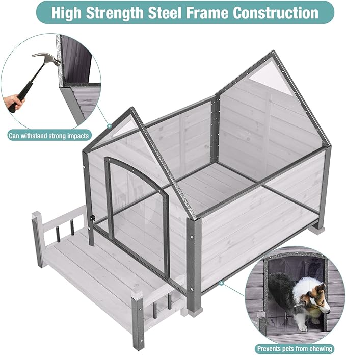 Dog House with Heating Pad, Weatherproof Outdoor Kennel for Large Dogs, Chew-Resistant Iron Frame & Asphalt Roof (Grey, L)