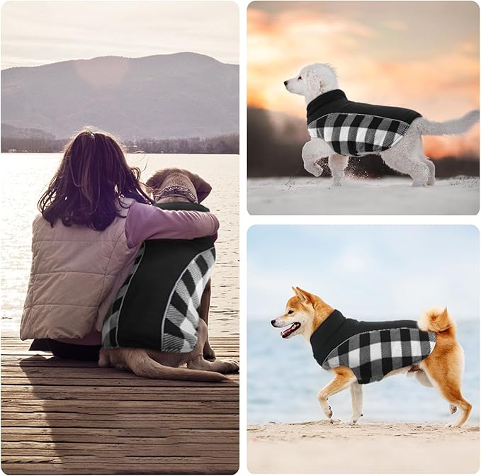 Kuoser Dog Winter Coat, Reversible Waterproof Dog Jacket with Reflective Strip, Warm Dogs Fleece Vest Adjustable Doggy Cold Weather Clothes Plaid Christmas Outfit Pet Apparel for Large Dogs, Black L
