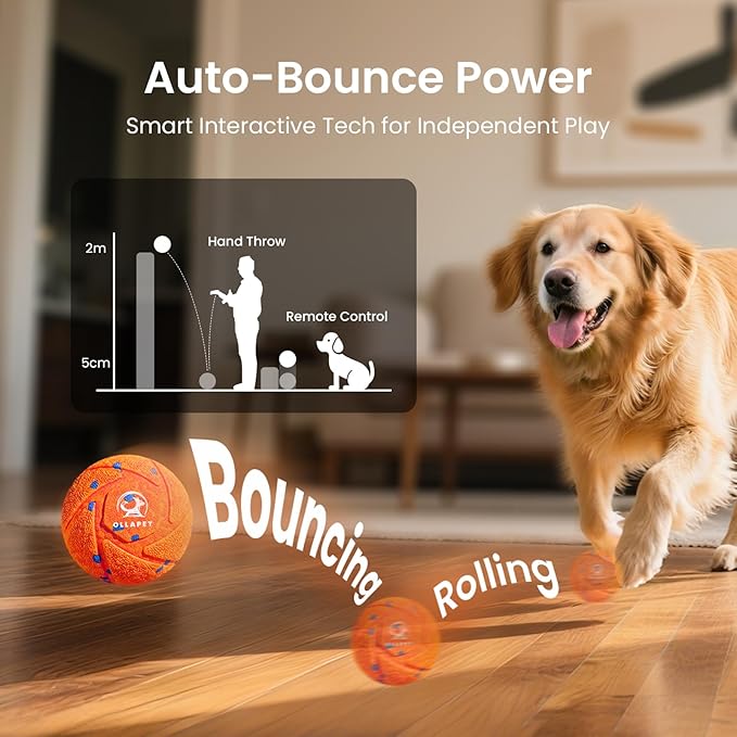 Smart Interactive Dog Toy Ball - Automatic Bouncing, Moving, and Vibrating, Chew-Resistant, Pet-Safe E-TPU Material, 3 Interactive Modes, IPX7 Waterproof, for Medium and Large Dogs (Orange)