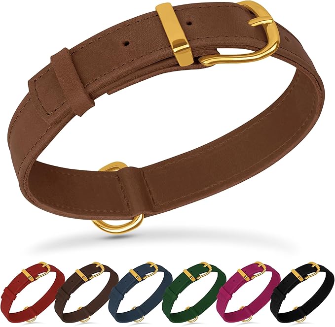 Leather Dog Collar - Heavy Duty Adjustable Soft Padded Pet Collars for Small Medium Large Dogs Breed - Black Green Brown Pink Red Blue (Cognac, L, 15"-19" Neck Fit)