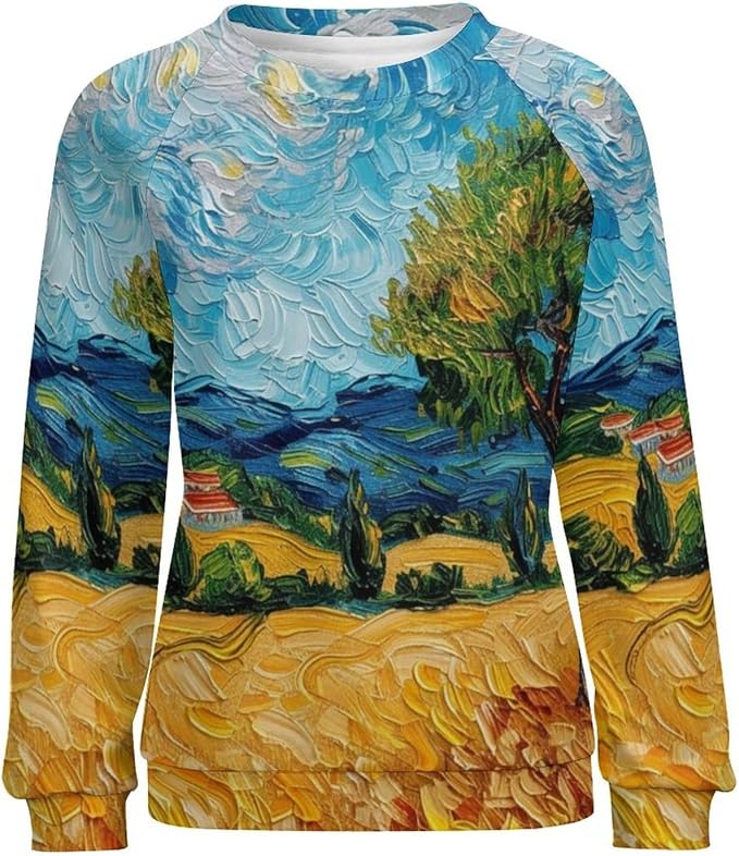 Long Sleeve Shirts for Women Cat Oil Painting Shirt 3D Graphic Sweatshirts Fall Pullover Crewneck Vintage Boho Tops