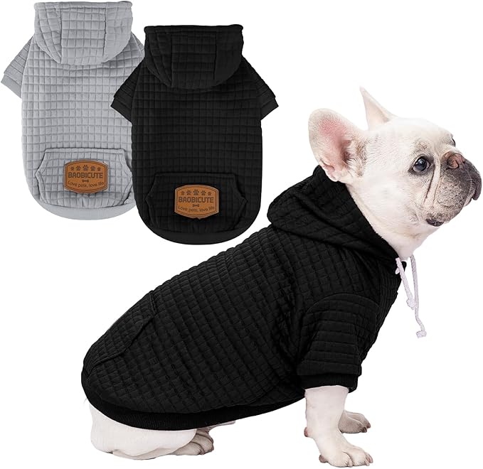 2 Pack Dog Hoodie Sweaters for Small Medium Dogs Warm Dog Clothes for Large Dogs Soft Waffle-Like Laminated Sweatshirt Bulldog (Black+Grey, L (Back: 19",Chest: 28", Neck: 17.5"))