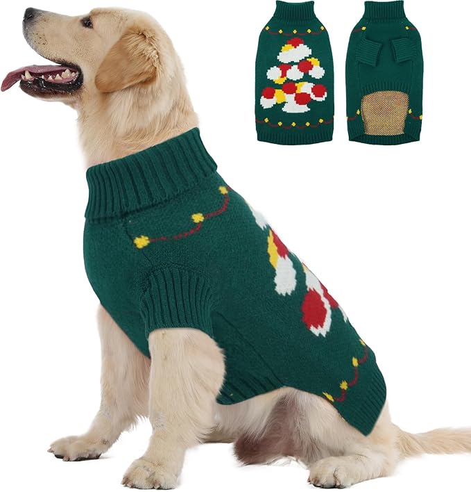 BRKURLEG Dog Sweaters, Christmas Dog Sweaters Medium Large Doggies Turtleneck Warm Pet Sweater for Cold Weather, Xmas, New Year, Pet Winter Pullover Sweater for Beagle, Pitbull (Green, XL)