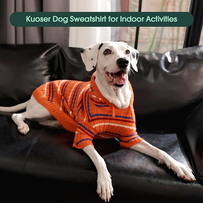 Kuoser XL Dog Sweater, Dog Sweaters for Large Dogs, Girl Boy Christmas Sweater, Striped Knitwear Big Dogs Winter Clothes, Cold Weather Warm Pet Sweatshirt for Golden Retriever, Labrador, Orange XL