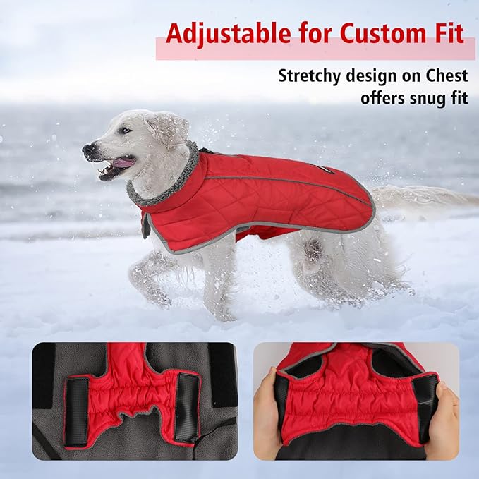 Fragralley Dog Coat Large, Waterproof Dog Jacket with Warm Fleece Lining, Adjustable Reflective Dogs Winter Coat, Turtleneck Pet Coats for Cold Weather (Red XXL)