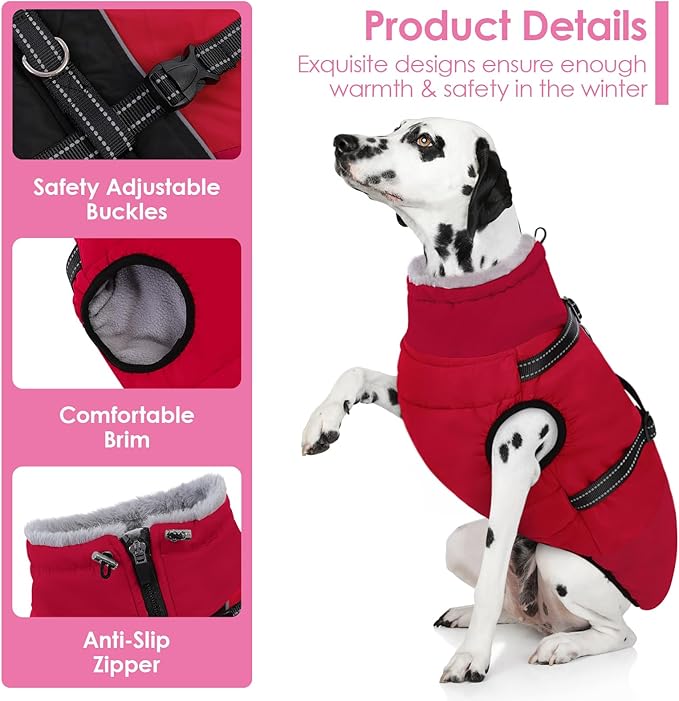 AOFITEE Dog Coats for Large Dogs, Waterproof Dog Winter Jacket with Harness Built in, Warm Large Dogs Coat with Fleece Lined, Zip Up Pets Jackets for Golden Retriever, Weimaraner, Red 2XL