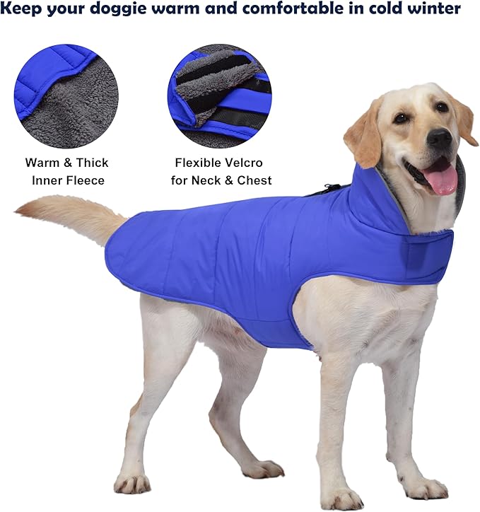 Dog Winter Coat, Waterproof Dog Jacket with Leash Hole, Reflective Adjustable Pet Snow Vest, Warm Fleece Sweater for Small Medium Large Dogs - Blue, 3XL