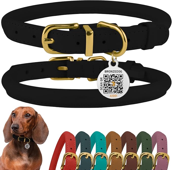 BronzeDog Rolled Leather Dog Collar with QR ID Tag, Adjustable Soft Round Collars for Small Medium Large Dogs Puppy (7" - 10" Neck Size, Black Night)