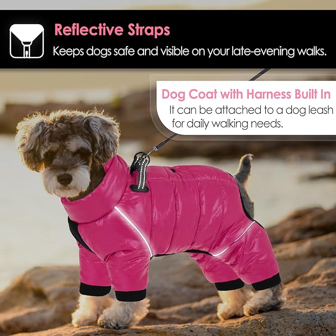 AOFITEE Dog Coat, Waterproof Dog Winter Jacket, Warm Fullbody Small Dogs Snowsuit, Winter Coat for Small Dogs, Zip Up Pet Puffer Jacket Fleece Vest, Outdoor Reflective Pet Snow Jackets, Rose Red XL