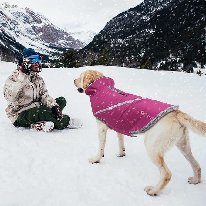 VIVAGLORY Snowrap Dog Coat, Jacket with Harness Hole & Velcro Closure, Dog Coat for Winter & Cold Weather, Fluffy Warm Fleece Lined Reflective Water Resistant for Puppy, L, Fuchsia