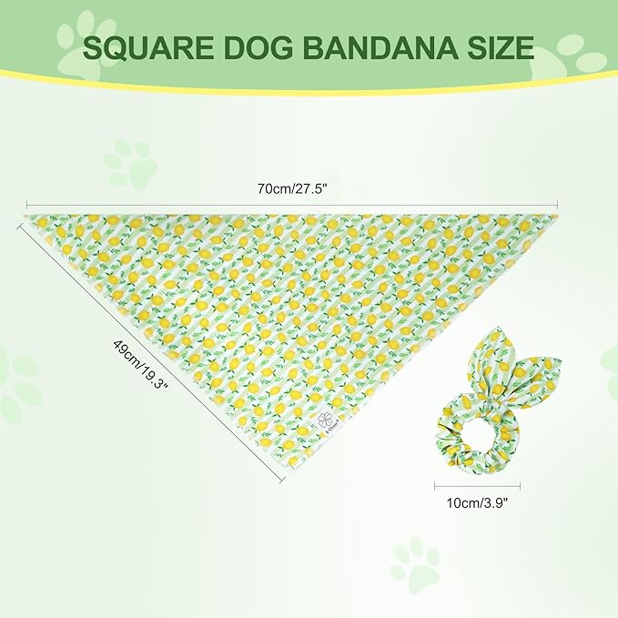 E-Clover Summer Lemon Dog Bandanas & Matching Scrunchie Set Green Stripe Dog Scarf Bibs Pet Bandana with Bow Tie for Medium Large Dogs Owner Mom