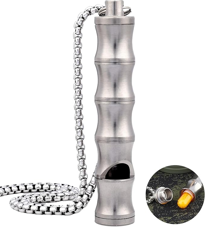 Titanium Pill Holder Necklace for Men Women Emergency Whistle Mini Keychain Nitro Pill Case with Loud Whistles EDC Safety Backpacking Survival Hiking Camping Pets Training