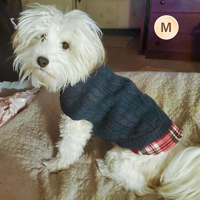 KYEESE Dog Sweaters with Leash Hole for Small Dogs Navy Blue Dog Turtleneck Sweater Pullover Knitwear with Gingham Warm Pet Sweater (Medium (Pack of 1))