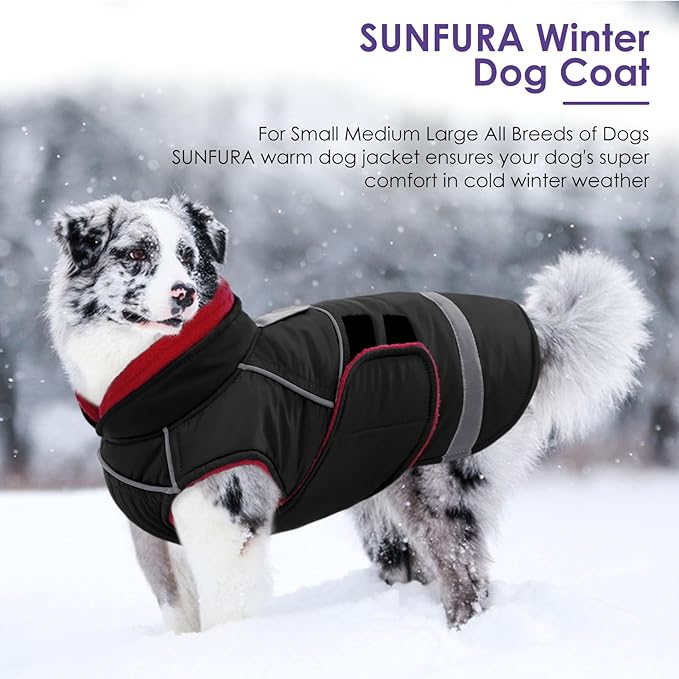 SUNFURA Dog Coats for Medium Dogs, Dog Winter Coat with Fleece Lining for Cold Weather, Warm Dogs Puffer Jacket Reflective Snowsuit with Leash Hole for Jack Russel, Boston Terrier, Black M