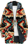 Mens Aztec Print Hoodie Heavyweight Cotton Fleece Jacket Zip Up Warm Long Sleeve Hooded Winter Midi Coat