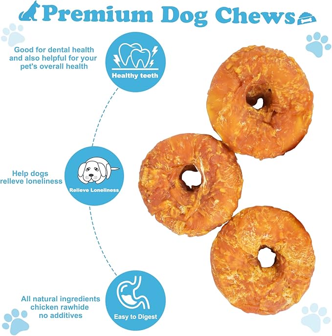 Dog Treats Long Lasting for Large Dog Clean Teeth Chicken Wrapped Rawhide Donuts 1lb/454g