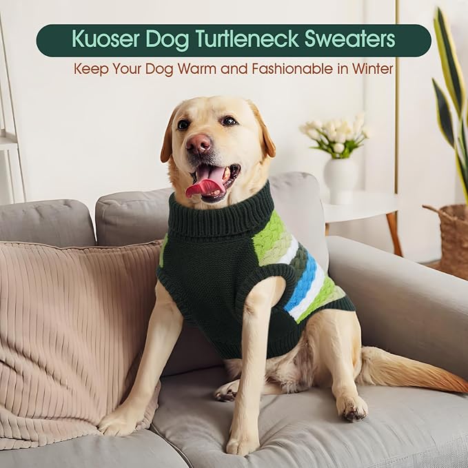 Kuoser Dog Sweater, XL Dog Sweaters for Large Dogs Pet Cable Knitted Pullover Warm Clothes, Turtleneck Classic Knitwear Soft Thick Puppy Xmas Holiday Outfit Cold Weather Thermal Wear, Green XL